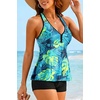 Tempt Me Women Two Piece Tankini Swimsuit Racerback Bathing Suits Tops with Shorts High Waisted(Blue Leaf)