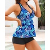 Tempt Me Women Two Piece Tankini Swimsuit Racerback Bathing Suits Tops with Shorts High Waisted(Blue Leaves)