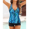 Tempt Me Women Two Piece Tankini Swimsuit Racerback Bathing Suits Tops with Shorts High Waisted(Blue Ripples)