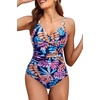 Tempt Me Womens One Piece Swimsuit – Tummy Control Bathing Suit V Neck Metal Twist Front 2025 Swimwear(Colorful Leaves)