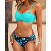 Women’s Strapless Bandeau Bikini Set – Twist Front Two Piece Swimsuit Top with Side Tie Bathing Suit Bottom(Aqua and Blue Flower)