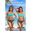 Women’s Strapless Bandeau Bikini Set – Twist Front Two Piece Swimsuit Top with Side Tie Bathing Suit Bottom(Aqua and Blue Flower)