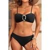 Women’s Strapless Bandeau Bikini Set – Twist Front Two Piece Swimsuit Top with Side Tie Bathing Suit Bottom(Black-1)