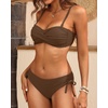 Women’s Strapless Bandeau Bikini Set – Twist Front Two Piece Swimsuit Top with Side Tie Bathing Suit Bottom(Brown)