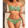 Women’s Strapless Bandeau Bikini Set – Twist Front Two Piece Swimsuit Top with Side Tie Bathing Suit Bottom(Green Flower)
