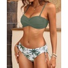 Women’s Strapless Bandeau Bikini Set – Twist Front Two Piece Swimsuit Top with Side Tie Bathing Suit Bottom(Green Palm Tree)