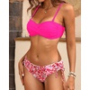 Women’s Strapless Bandeau Bikini Set – Twist Front Two Piece Swimsuit Top with Side Tie Bathing Suit Bottom(Pink Floral)