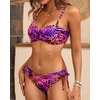 Women’s Strapless Bandeau Bikini Set – Twist Front Two Piece Swimsuit Top with Side Tie Bathing Suit Bottom(Purple Pink Leaves)