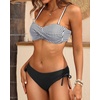 Women’s Strapless Bandeau Bikini Set – Twist Front Two Piece Swimsuit Top with Side Tie Bathing Suit Bottom(Stripe and Black)