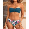 Women’s Strapless Bandeau Bikini Set – Twist Front Two Piece Swimsuit Top with Side Tie Bathing Suit Bottom(Teal Flower)