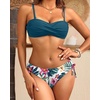 Women’s Strapless Bandeau Bikini Set – Twist Front Two Piece Swimsuit Top with Side Tie Bathing Suit Bottom(Teal Flower)
