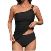 Tempt Me Two Piece Tankini Set Swimsuits for Women Tummy Control Bathing Suit One Shoulder Swimwear with Bikini Bottoms(Black-o Ring)