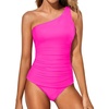 Tempt Me Two Piece Tankini Set Swimsuits for Women Tummy Control Bathing Suit One Shoulder Swimwear with Bikini Bottoms(Hot Pink)