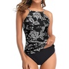 Tempt Me Two Piece Tankini Set Tummy Control Swimsuit for Women High Neck Top with Bottom Bathing Suits Ruched Swimwear(Black White Floral)