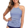 Tempt Me Women Tankini Top Only High Neck Bathing Suit Top Tummy Control Ruched Swimsuit Without Bottom(Blue Stripe)