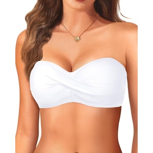 Bandeau Bikini Tops for Women – Strapless Swim Top Only Twist Front Bathing Suit Tops(White)