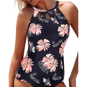 Tempt Me High Neck Tankini Top Backless Bathing Suit for Women Key Hole Swimsuit Swim Top Only(Black Floral)