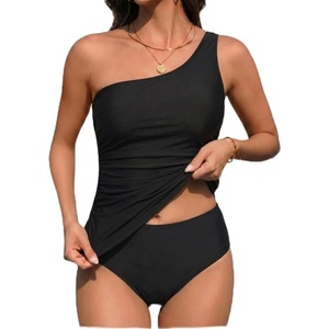 Tempt Me Two Piece Tankini Set Swimsuits for Women Tummy Control Bathing Suit One Shoulder Swimwear with Bikini Bottoms(Black)