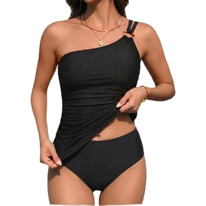 Tempt Me Two Piece Tankini Set Swimsuits for Women Tummy Control Bathing Suit One Shoulder Swimwear with Bikini Bottoms(Black-o Ring)