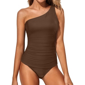 Tempt Me Two Piece Tankini Set Swimsuits for Women Tummy Control Bathing Suit One Shoulder Swimwear with Bikini Bottoms(Brown)