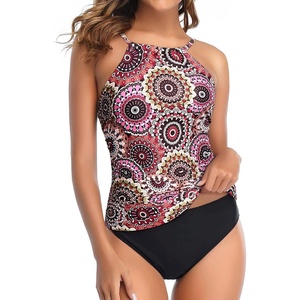 Tempt Me Two Piece Tankini Set Tummy Control Swimsuit for Women High Neck Top with Bottom Bathing Suits Ruched Swimwear(Brown Floral)