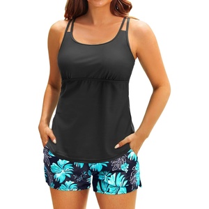 Tempt Me Two Piece Tankini Swimsuits for Women Tummy Control Bathing Suit with Shorts Athletic Two Side Pockets Swimwear(Black Blue Flower)