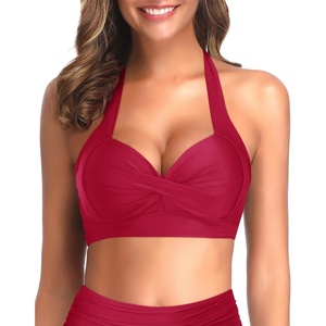 Tempt Me Women Halter Bikini Tops Push Up Retro Bathing Suits Padded Swimsuit Top Only No Bottom(Red)