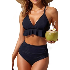 Tempt Me Women High Waisted Ruffle Bikini Set Two Piece Swimsuits Flounce Tummy Control Bathing Suit(0 Black)