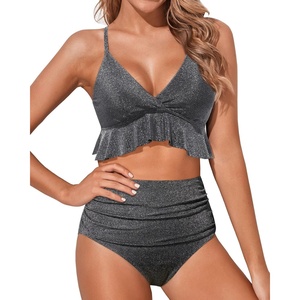 Tempt Me Women High Waisted Ruffle Bikini Set Two Piece Swimsuits Flounce Tummy Control Bathing Suit(Black-shiny Fabric)