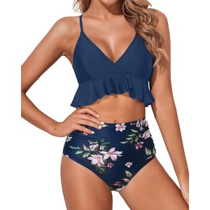 Tempt Me Women High Waisted Ruffle Bikini Set Two Piece Swimsuits Flounce Tummy Control Bathing Suit(Blue Floral 2)