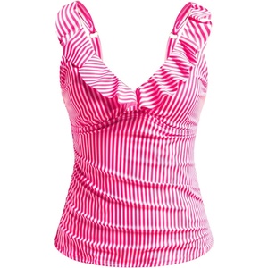Tempt Me Women Tummy Control Tankini Top – V Neck Bathing Suit Flounce Ruffled Swim Top Only 2025(Pink White Striped)