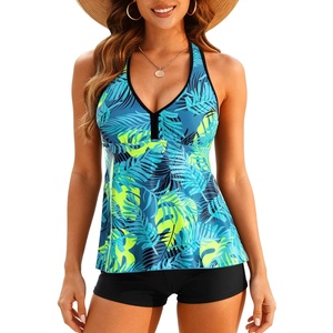 Tempt Me Women Two Piece Tankini Swimsuit Racerback Bathing Suits Tops with Shorts High Waisted(Blue Leaf)