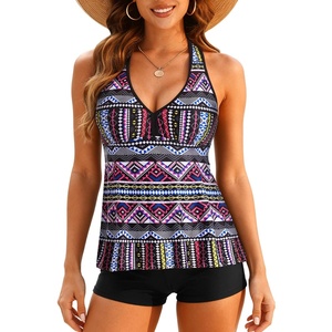 Tempt Me Women Two Piece Tankini Swimsuit Racerback Bathing Suits Tops with Shorts High Waisted(Printed Geometric)