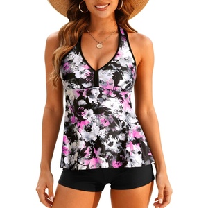 Tempt Me Women Two Piece Tankini Swimsuit Racerback Bathing Suits Tops with Shorts High Waisted(Purple Floral)