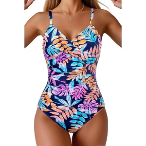 Tempt Me Womens One Piece Swimsuit – Tummy Control Bathing Suit V Neck Metal Twist Front 2025 Swimwear(Colorful Leaves)