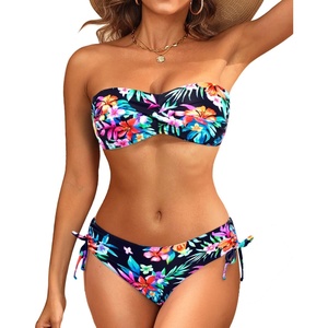 Women’s Strapless Bandeau Bikini Set – Twist Front Two Piece Swimsuit Top with Side Tie Bathing Suit Bottom(Colorful Floral)