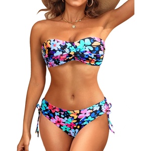 Women’s Strapless Bandeau Bikini Set – Twist Front Two Piece Swimsuit Top with Side Tie Bathing Suit Bottom(Colorful Flower)