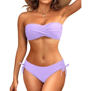 Women’s Strapless Bandeau Bikini Set – Twist Front Two Piece Swimsuit Top with Side Tie Bathing Suit Bottom(Lavender)