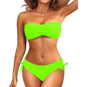 Women’s Strapless Bandeau Bikini Set – Twist Front Two Piece Swimsuit Top with Side Tie Bathing Suit Bottom(Neon Green)