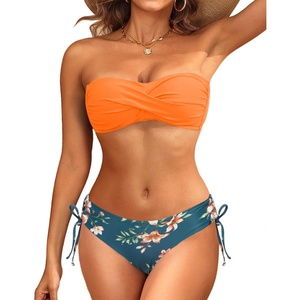 Women’s Strapless Bandeau Bikini Set – Twist Front Two Piece Swimsuit Top with Side Tie Bathing Suit Bottom(Orange Flower)