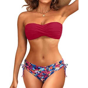 Women’s Strapless Bandeau Bikini Set – Twist Front Two Piece Swimsuit Top with Side Tie Bathing Suit Bottom(Red Flower)