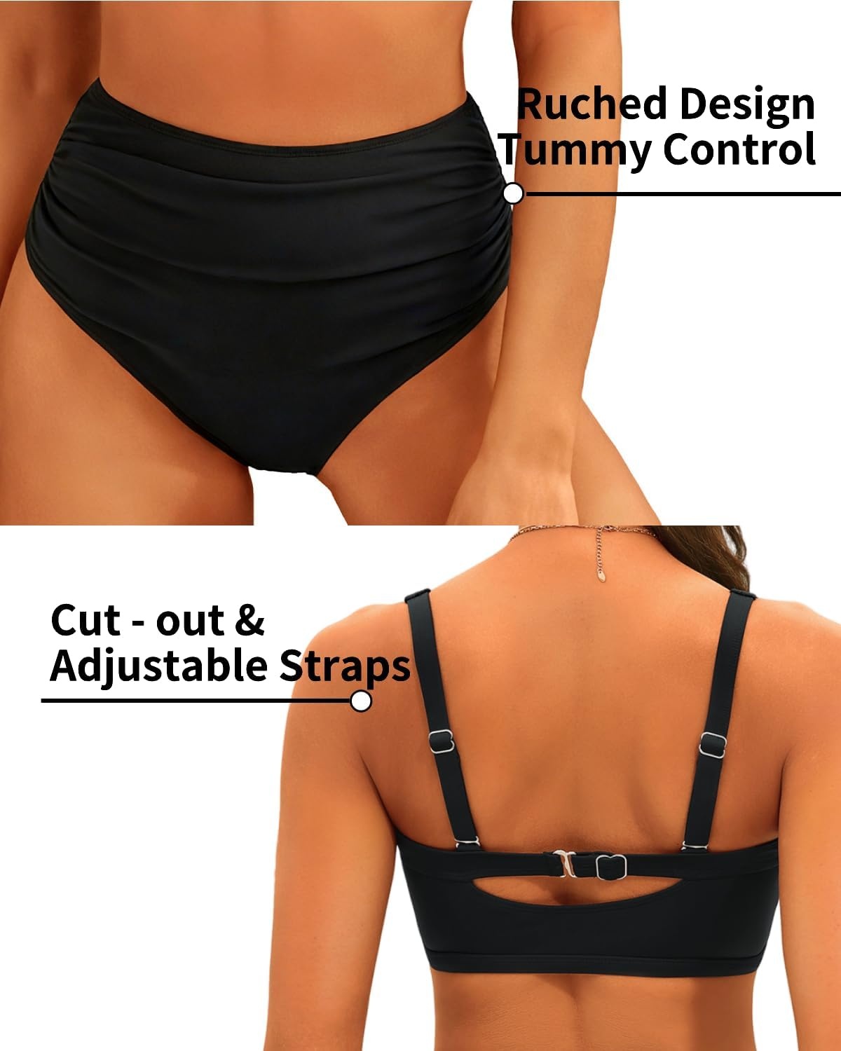image:imageTempt Me Two Piece Swimsuits High Waisted Bikini Tummy Control Full Coverage Bathing Suits Ruched Tie Knot SwimwearBlack