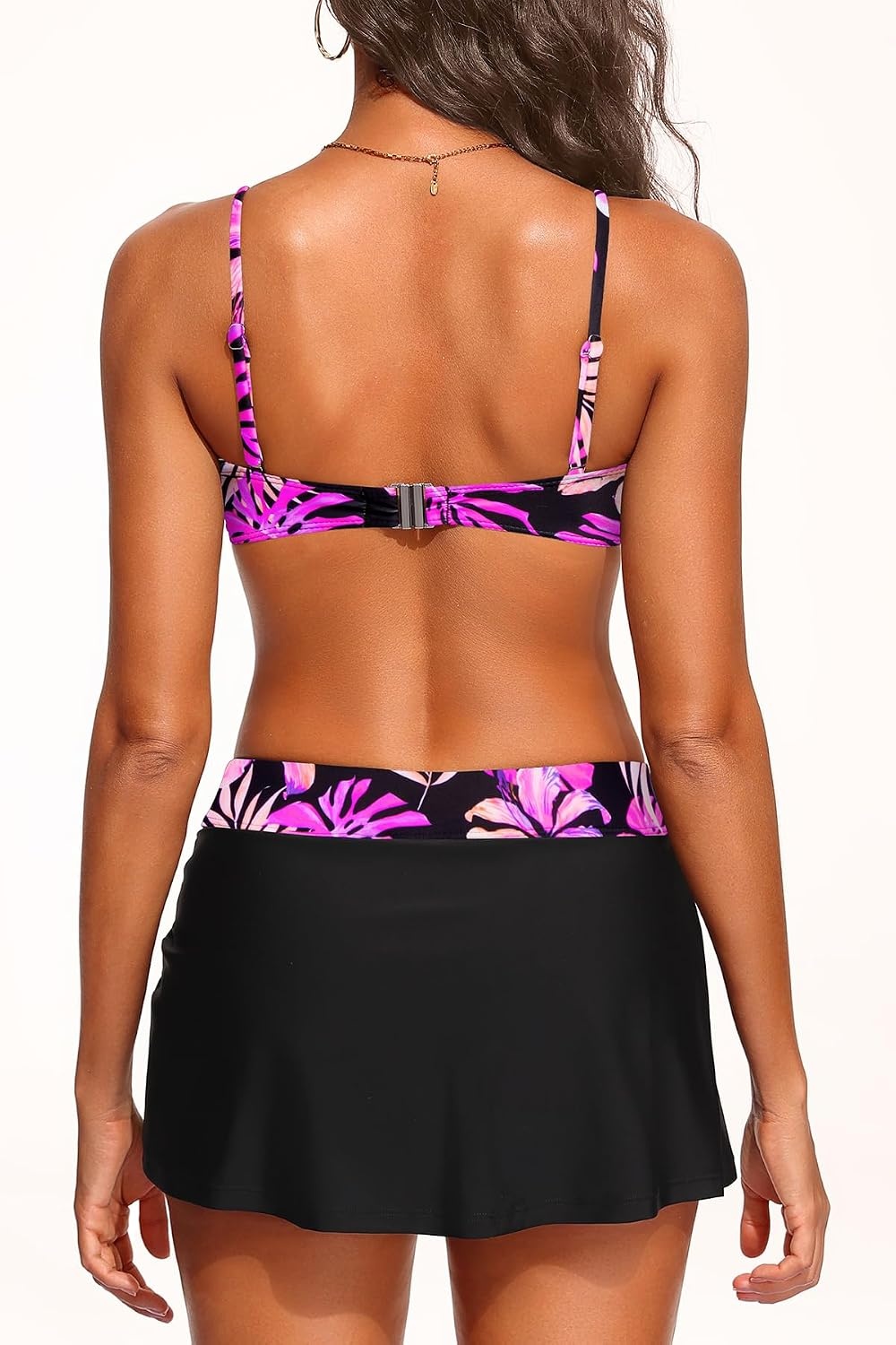 image:imageTempt Me Womens Bandeau Bikini with Skirt Push Up Strapless Two Piece Swimsuit High Waisted Bathing Suit 2026 SwimwearPurple Floral Black