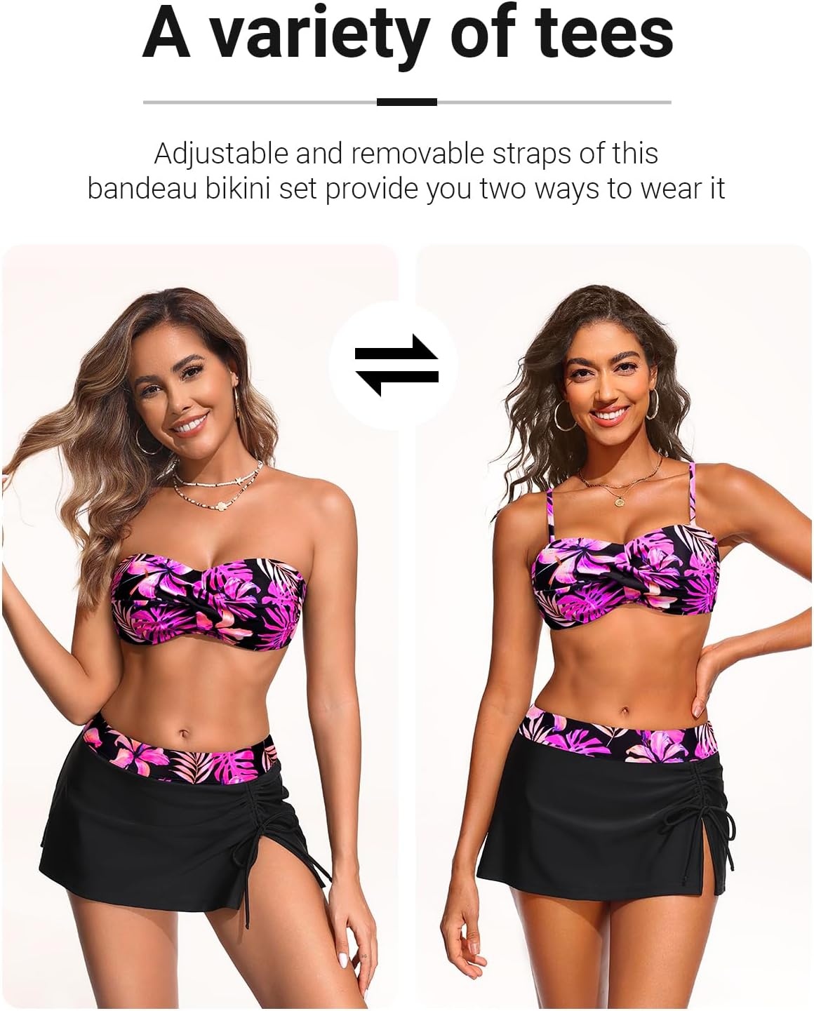 image:imageTempt Me Womens Bandeau Bikini with Skirt Push Up Strapless Two Piece Swimsuit High Waisted Bathing Suit 2026 SwimwearPurple Floral Black