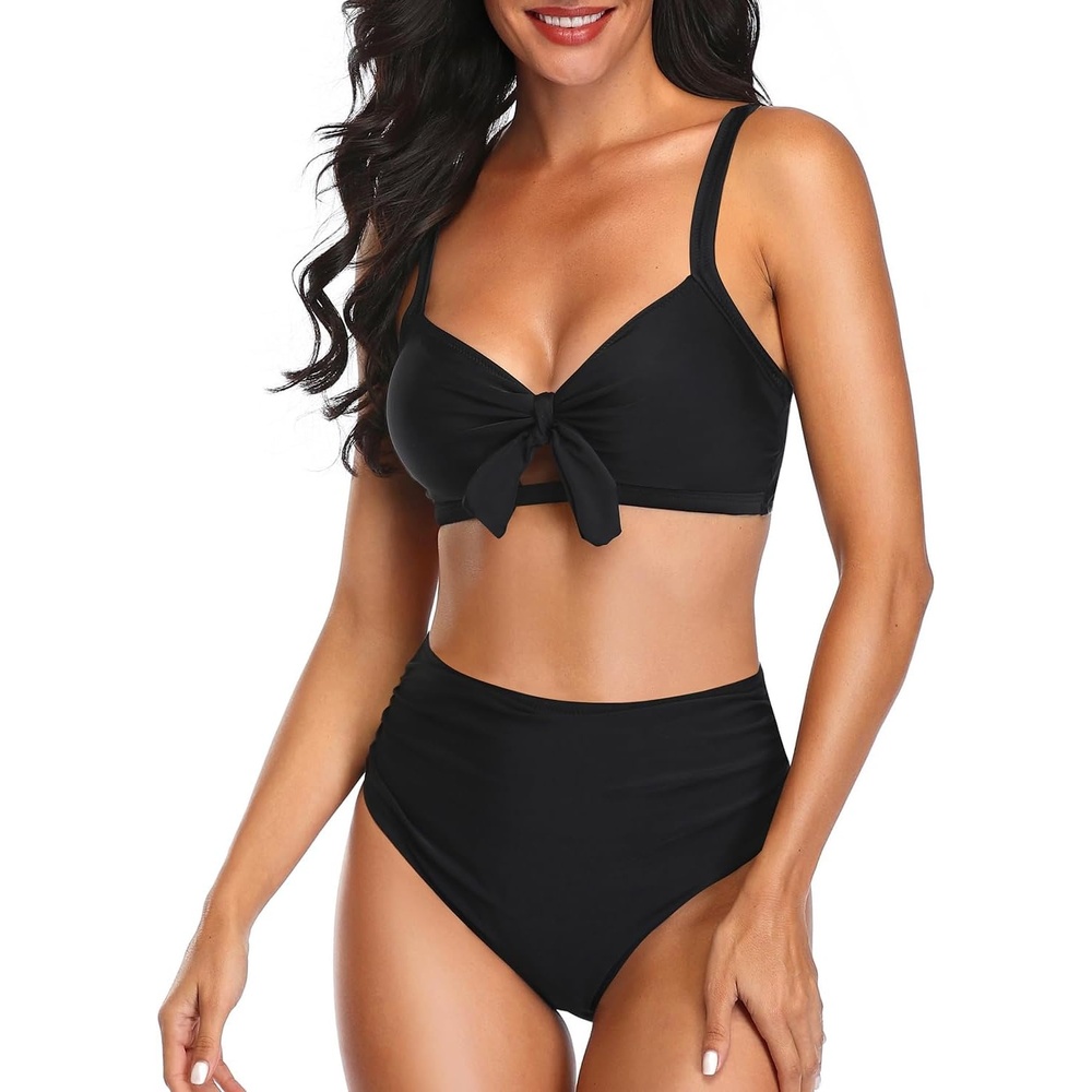 image:imageTempt Me Two Piece Swimsuits High Waisted Bikini Tummy Control Full Coverage Bathing Suits Ruched Tie Knot SwimwearBlack