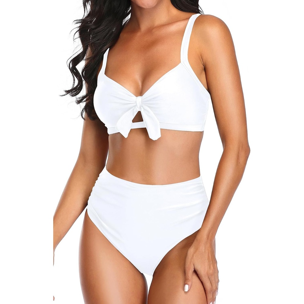 image:imageTempt Me Two Piece Swimsuits High Waisted Bikini Tummy Control Full Coverage Bathing Suits Ruched Tie Knot SwimwearPure White