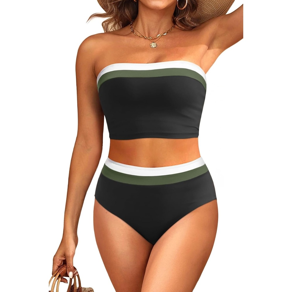 image:imageTempt Me Women Bandeau Bikini Set Strapless High Waisted Two Piece Swimsuit Longline Bathing SuitsBlack Color Block