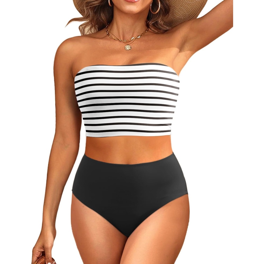 image:imageTempt Me Women Bandeau Bikini Set Strapless High Waisted Two Piece Swimsuit Longline Bathing SuitsStriped and Black
