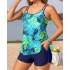 Tankini Swimsuits with Shorts – Two Piece Tummy Control Flowy Bathing Suits Top with Two Pockets Boy Shorts 2025(Blue Leaves)