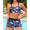 Tempt Me 3 Piece Swimsuit for Women Tankini Bathing Suit Modest High Neck Tank Tops Swimwear with Shorts(Black Flamingo)